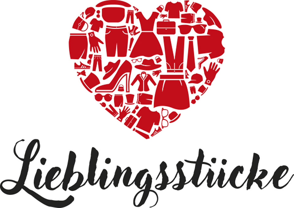 Logo Kleiderladen nachgezeichnete Kleidungsstücke und Schuhe sind in einem rotem Herz dargestellt. Unter dem Herz steht Lieblingsstücke. Es ist das Logo des Kleidrladens